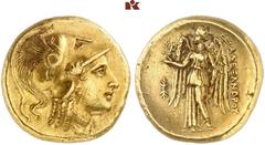 KELTISCHE & GRIECHISCHE MÜNZEN GRIECHISCHE MÜNZEN. MACEDONIA. KÖNIGREICH Alexander III., 336-323 v. Chr. AV-Distater, 330/320 v. Chr., Amphipolis; 17,21 g. Athenakopf r. mit korinthischem Helm//Nike s