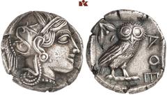 KELTISCHE & GRIECHISCHE MÜNZEN GRIECHISCHE MÜNZEN. ATTICA. ATHEN AR-Tetradrachme, um 420/405 v. Chr.; 17,12 g. Athenakopf r. mit attischem Helm//In Incusum: Eule r., dahinter Olivenzweig und Mondsiche