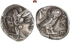 KELTISCHE & GRIECHISCHE MÜNZEN GRIECHISCHE MÜNZEN. ATTICA. ATHEN AR-Tetradrachme, um 420/405 v. Chr.; 17,13 g. Athenakopf r. mit attischem Helm//In Incusum: Eule r., dahinter Olivenzweig und Mondsiche