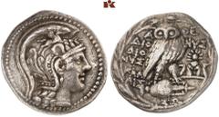 KELTISCHE & GRIECHISCHE MÜNZEN GRIECHISCHE MÜNZEN. ATTICA. ATHEN AR-Tetradrachme, Maimakterion (= November/Dezember) 119 v. Chr.; 16,77 g. Athenakopf r. mit attischem Helm//In Kranz: Eule auf Amphore 
