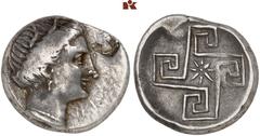 KELTISCHE & GRIECHISCHE MÜNZEN GRIECHISCHE MÜNZEN. CRETA. KNOSSOS AR-Stater, 330/300 v. Chr.; 10,54 g. Weiblicher Kopf (Demeter?) r. mit Ährenkranz, r. rechteckiger Gegenstempel: Stierkopf//Labyrinth 