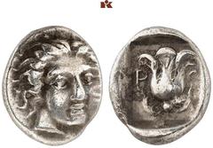 GRIECHISCHE MÜNZEN GRIECHISCHE MÜNZEN. CARIA. RHODOS AR-Hemidrachme, 404/390 v. Chr.; 1,77 g. Helioskopf fast v. v.//In Incusum: Rose. Ashton, The Coinage of Rhodes 14; SNG Keckman 362 ff. Leicht korr