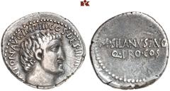 RÖMISCHE MÜNZEN IMPERATORISCHE PRÄGUNGEN. Marcus Antonius, † 30 v. Chr AR-Denar, 32 v. Chr., Athen, M. Iunius Silanus; 3,79 g. Kopf r., hinter dem Ohr Signatur P//Schrift in zwei Zeilen. Bab. 97; BMC 