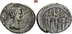 ROMAN COINS ROMAN COINS MÜNZEN DER RÖMISCHEN REPUBLIK AR-Denar, 41 v. Chr., Rom, P. Accoleius Lariscolus; 3,80 g. Drapierte Büste der Diana Nemorensis r.//Dreifache Kultstatue der Diana Nemorensis v. 
