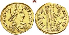 ROMAN COINS ROMAN COINS MÜNZEN DER RÖMISCHEN KAISERZEIT Honorius, 393-423. AV-Solidus, nach 408, Ravenna; 4,47 g. Drapierte Büste r. mit Perldiadem//Kaiser steht r. mit Standarte und Victoria auf Glob