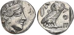 GREEK COINS ATTICA ATHEN. AR-Tetradrachme, um 420/405 v. Chr.; 17,1 g. Athenakopf r. mit attischem Helm//In Incusum: Eule r., dahinter Olivenzweig und Mondsichel. Flament Gruppe III. Avers etwas dezen