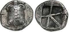 GREEK COINS AEGINA AEGINA. AR-Stater, 445/430 v. Chr.; 12,3 g. Landschildkröte, darauf Gegenstempel: Hase r.//Fünffach geteiltes Incusum. Hoover 437; SNG Delepierre 1535 ff. R Knapp sehr schön