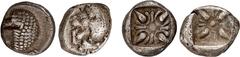 GREEK COINS IONIA MILET. AR-Diobol, 510/494 v. Chr.; 1,15 g. Löwenprotome l.//In Incusum: Blütenornament. SNG Kayhan 476 ff. Dazu: Ein weiterer Diobol von Milet. 2 Stück. Sehr schön