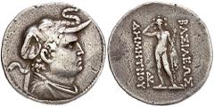 GREEK COINS BACTRIA Demetrios I., 200-185 v. Chr. AR-Tetradrachme, Panjhir; 16,8 g. Drapierte Büste r. mit Elefantenskalp//Herakles steht v. v. mit Keule und Löwenfell und krönt sich selbst. BN Bact. 
