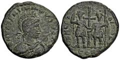 ROMAN COINS MÜNZEN DER RÖMISCHEN KAISERZEIT Valentinianus III., 425-455. Æs, 437 (?), Constantinopolis; 4,73 g. Drapierte Büste r. mit Helm, Speer und Schild//Zwei Kaiser stehen v. v. mit Speeren, daz