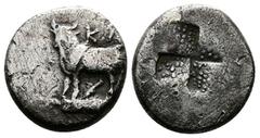 Greek Bithynia, Kalchedon ca. 387-340 BC. AR Triobol or 1/2 Siglos (13 mm, 2.39g.) Bull standing left KA above. Rev. Mill sail incuse. BMC 125, 10. Off center, otherwise Very Fine. Rare denomination.