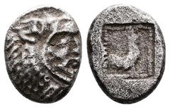 Greek Thrace. Dikaia. Circa 480-450 BC. AR Triobol (12 mm, 1,92 g.). Head of bearded Herakles to right, wearing lion skin headdress. Rev. Rooster moving to right; all in shallow incuse square. BMC 3 (