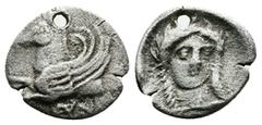 Greek Akarnania, Anaktorion AR Hemidrachm (11mm, 0,97 g.) Circa 350-300 BC. Forepart of Pegasos to left. Rev. Laureate head of Apollo facing slightly to right. SNG Copenhagen 305; Traité III, 514 (Cor