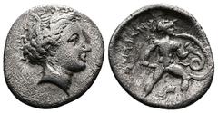 Greek Lokris, Lokris Opuntii. Circa 338-316 BC. AR Triobol (17,5 mm, 2.21 g.). Head of Persephone to right, wearing grain wreath and pendant earring. Rev. ΟΠΟΝΤΙΩΝ Ajax, nude, advancing to right, hold