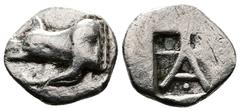 Greek Peloponnesos. Argolis, Argos. Circa 480s-460s. BC. AR Triobol ( 15mm, 2.57 g.). Forepart of wolf to left, both legs parallel to the neck, as if the wolf was lying down. Rev. within shallow incus