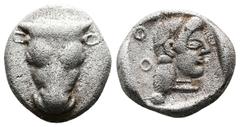 Greek Phokian League. Phokis. Federal coinage. 500 - 490 BC. AR Triobol (12,4mm. 2,91g.). A frontal bull’s head, two wrinkles above each nostril. Rev. Head of Artemis r. in incuse square, in field l.,