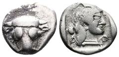 Greek Phokian League. Phokis. Federal coinage. 449 - 447 BC. AR Triobol (13,5mm. 2,99g.). Frontal bull’s head, the hair in vertical lines. Rev. Archaic head of Artemis r. in incuse square, Φ-O [K-I] s