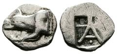 Greek Peloponnesos. Argolis, Argos. Circa 480s-460s. BC. AR Triobol ( 15mm, 2.57 g.). Forepart of wolf to left, both legs parallel to the neck, as if the wolf was lying down. Rev. within shallow incus