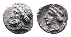 Greek Paphlagonia. Kromna. Circa 340 BC. AR Hemiobol (6,6mm. 0,32g.). Laureate head of Zeus to left, his hair partially rolled at the back of his head but with some locks falling down below the neck t