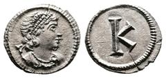Roman Imperial Helena? time of Constantine I 'the Great' Anonymous, ca. AD 330. AR Third Siliqua. (11,9 mm. 0,94 g.). Constantinople. Pearl-diademed, draped bust right, with diadem ties. Rev. Large K 