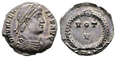 Roman Imperial Valens, AD 364-367. AR Siliqua. (17,7 mm. 1,55 g.). Constantinople. DN VALEN-S PF AVG, pearl-diademed, draped and cuirassed bust right. Rev. VOT V in wreath. Mintmark CP dot Gamma. RIC 