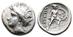 Greek Lokris, Lokris Opuntii, circa 356-338 BC. AR Triobol (15 mm, 2.61 g.). Head of Persephone to left, wearing wreath of grain leaves and triple-pendant earring. Rev. ΟΠΟΝΤΙΩ-Ν Ajax, nude but for he