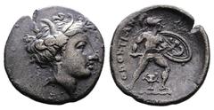 Greek Lokris, Lokris Opuntii, circa 338-316 BC. AR Triobol (17 mm, 2,48 g.). Head of Persephone to right, wearing grain wreath. Rev. ΟΠΟΝΤΙΩΝ Ajax, nude, advancing to right, holding sword in his right