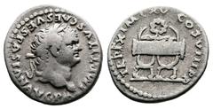 Roman Empire Titus, 79-81 AD. AR Denarius (17 mm, 3,30 g.). Rome, January-June 80 AD. IMP TITVS CAES VESPASIAN AVG P M (legend partialy retrograde) Laureate head of Titus to right. Rev. TR P IX IMP XV