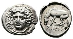 Greek Thessaly, Larissa, circa 400-370 BC. AR Drachm (20 mm, 5,91 g.). Head of the nymph Larissa facing slightly left, hair in ampyx. Rev. Horse standing left, preparing to lie down ΛΑΡΙΣΑ in exergue.