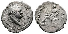 Roman Imperial Titus, 79-81 AD. AR Denarius (19mm, 3,01 g.). Rome, 79 AD. IMP TITVS CAES VESPASIANVS, laureate head of Titus right. Rev. ANNONA AVG, Annona seated left with stack of corn ears. RIC 2 v