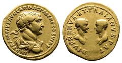 Roman Imperial Trajan, 98-117 AD. with Trajan Pater and Nerva. Gold Aureus. (20 mm, 7,05 g.). Rome, 112-113 AD. IMP TRAIANVS AVG GER DAC P M TR P COS VI P P, laureate, draped, and cuirassed bust of Tr