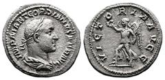 Roman Imperial Gordian II, 238 AD. AR Denarius (20 mm, 3,00 g.). Rome. Struck 238 AD. (1-22 April). IMP M ANT GORDIANVS AFR AVG, laureate, draped, and cuirassed bust of Gordian II right. Rev. VICTO RI