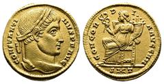Roman Imperial Constantine I, AD 307-337. Gold Solidus. (18,2 mm. 4,43 g.). Ticinum. CONSTANTINVS P F AVG, laureate head right. Rev. CONCORDIA AVGG NN, Concordia seated left, holding caduceus in right