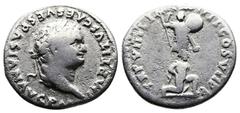 Roman Imperial Titus, 79-81 AD. AR Denarius (17.8 mm, 3.01 g.). "Judaea Capta" commemorative, Rome, 79 AD. IMP TITVS CAES VESPASIAN AVG P M Laureate head of Titus to right. Rev. TR P VIIII IMP XIIII C