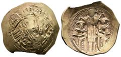 Byzantine Empire Andronicus II Palaeologus, with Michael IX, 1282-1328. Hyperpyron (Electrum, 25 mm, 3.94 g, 6 h), Constantinopolis. Bust of Virgin Mary, orans, flanked by two stars, all within city w