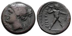 Greek Bruttium, The Brettii, circa 214-211 BC. AE Half-Triobol (17 mm, 4.37 g). Obv: NIKA. Head of Nike left, wearing hair-band, small Γ behind neck. Rev. ΒΡΕΤΤΙΩΝ Zeus standing right, hurling thunder