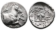 Greek Thrace. Maroneia, circa 386-348/7 BC. Zenon, magistrate. AR Triobol (14.5 mm, 2.27 g.). M-A-PΩ, forepart of horse to left. Rev. EΠI ZHNΩNOΣ around, grape-bunch on vine within dotted square. Schö