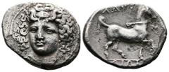 Greek Thessaly. Larissa, circa 356‑342 BC. AR Didrachm (25.4 mm, 11.07 g). Head of the nymph Larissa facing three-quarters to left, wearing ampyx, earring and necklace. Rev. ΛAPI‑Σ-AIΩN, bridled horse