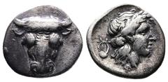 Greek Phocis, Phokian League, circa 357-354 BC. Federal coinage. AR Triobol (15 mm, 2.67 g.). Frontal bull’s head. Rev. Laureate head of Apollo to right, behind, a lyre. BCD Phokis-Lokris 277; SNG Cop