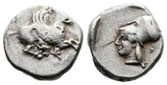Greek Corinthia. Corinth, circa 480-450 BC. AR Stater (19.3 mm, 8.39 g). Ϙ, Pegasos with curled wing flying right. Rev. Helmeted head of Athena to left within incuse square, A behind. Pegasi 69-70; BC