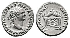 Roman Imperial Titus, AD 79 – 81. AR Denarius (16.6 mm, 2.95 g.). Rome mint, 1 January – 30 June 80 AD. IMP TITVS CAESAR VESPASIAN AVG P M, laureate head of Titus to right. Rev. TR P IX IMP XV COS VII