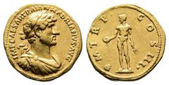 Roman Imperial Hadrian, AD 117 – 138. Gold Aureus (19.3 mm, 7.20 g.). Rome mint, AD 119-120. IMP CAESAR TRAIAN HADRIANVS AVG, laureate, draped and cuirassed bust of Hadrian to right, seen from front. 