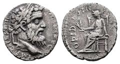 Roman Imperial Pertinax, AD 193. AR Denarius (16 mm, 1.75 g.). Rome mint. IMP CAES P HELV [PERTIN AVG], laureate head of Pertinax to right. Rev. OPIDI TR P [COS II], Ops seated left on throne, holding
