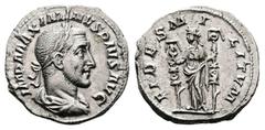 Roman Imperial Maximinus I Thrax, AD 235-238. AR Denarius (19.1 mm, 2.87 g.). Rome mint, AD 235. IMP MAXIMINVS PIVS AVG, laureate, draped and cuirassed bust of Maximinus I to right. Rev. FIDES MILITVM