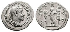 Roman Imperial Maximinus I Thrax, AD 235-238. AR Denarius (20.9 mm, 2.85 g.). Rome mint, AD 235. IMP MAXIMINVS PIVS AVG, laureate, draped and cuirassed bust of Maximinus I to right. Rev. PM TRP PP, Em