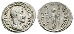 Roman Imperial Maximinus I Thrax, AD 235 – 238. AR Denarius (20 mm, 2.79 g.). Rome mint, AD 235. IMP MAXIMINVS PIVS AVG, laureate, draped and cuirassed bust of Maximinus I to right. Rev. FIDES MILITVM