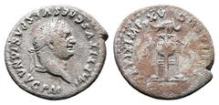 Roman Imperial Titus, AD 79 – 81. AR Denarius (18.2 mm, 2.89 g.). Rome mint, AD 80. IMP TITVS CAES VESPASIAN AVG PM, laureate head of Titus to right. Rev. [TR P] IX IMP XV C[OS VIII PP], tripod with f