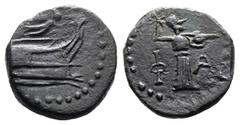 Greek Lycia. Phaselis, circa 190-167 BC. AE (Bronze, 17.4 mm, 4.59 g.). Prow of galley to right; above, Nike flying right, holding laureate wreath to crown the top of the prow. Rev. Φ - A, Athena Prom