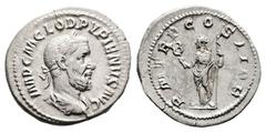 Roman Imperial Pupienus, AD 238. Rome. Silver Denarius. (20 mm, 2.88 g.). IMP C M CLOD PVPIENVS AVG, laureate, draped and cuirassed bust of Pupienus to right, seen from the back. Rev. P M TR P COS II 