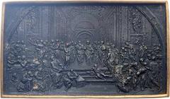 Italien Renaissance Plakette 19 Jh. , Bleigussplakette, geschwärzt, Raffaello Santi da Urbino, 1483 - 1520, mit der Wiedergabe seines Freskos Die Schule von Athen . 148x87 mm, 283,3g, Rückseite mit Au